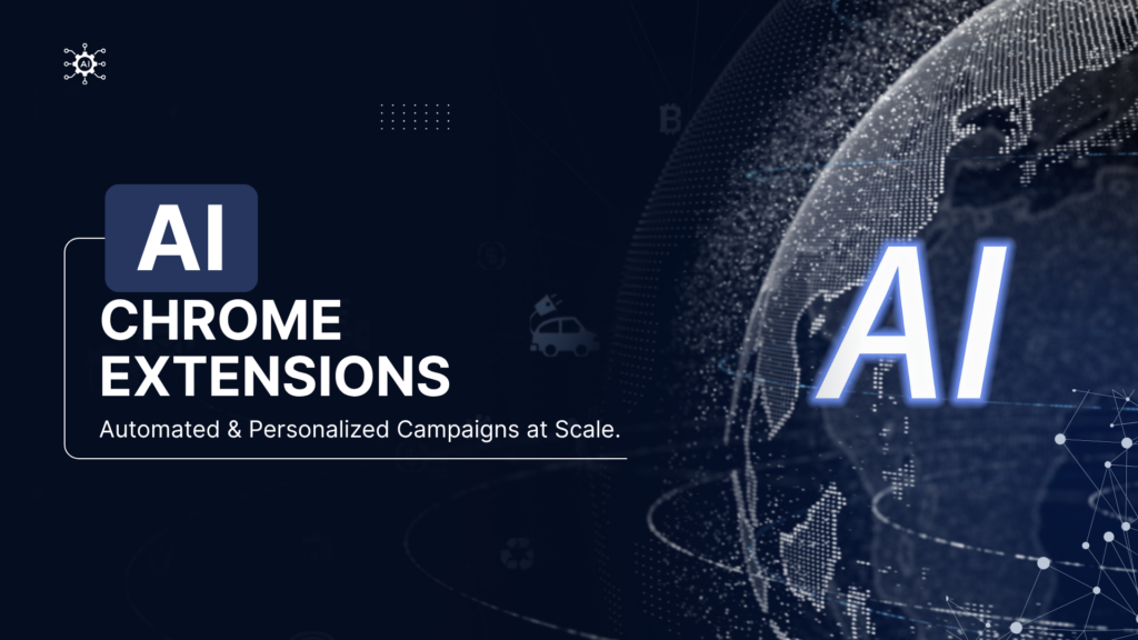 Laptop screen showing AI-powered Chrome extensions interface with futuristic icons for writing, productivity, and automation 2025 theme